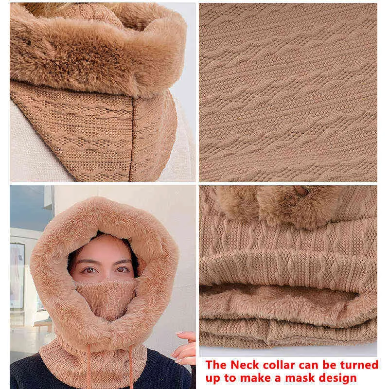 Wintermützen für Damen im Freien, warmer Kaschmir-Strickmaskenschal, 3-in-1-Plüschmützen, elastisch, verdickt 211119