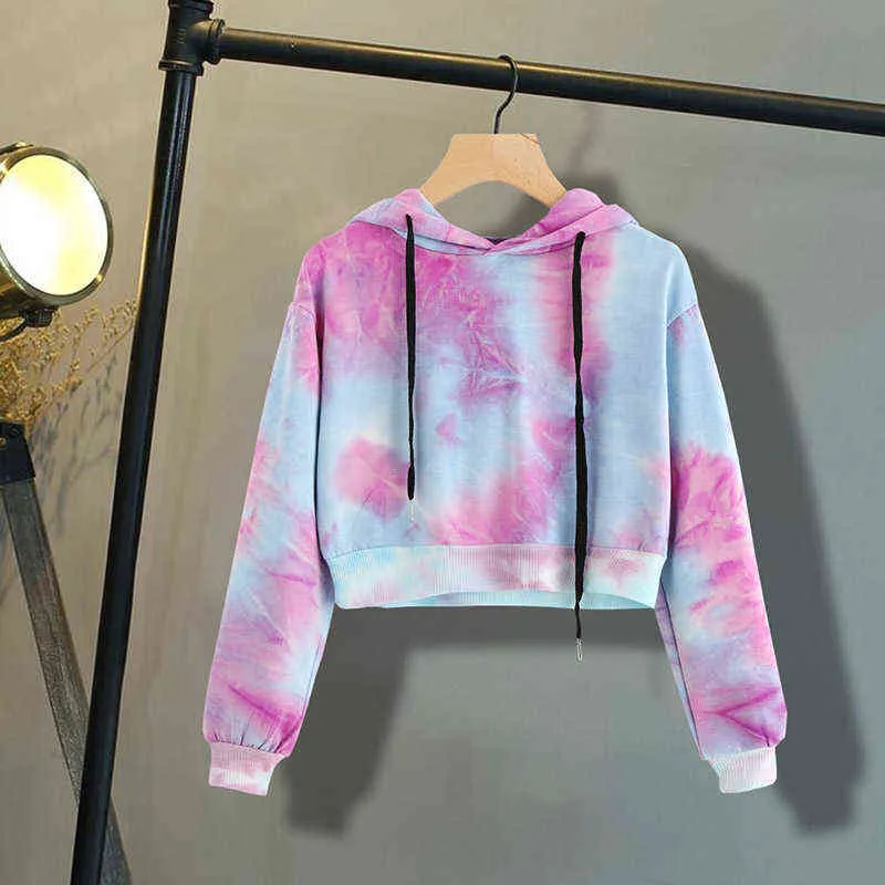 Kpop Style Moleton Tie Dye Hoodies Women Crop Top Hoodie Streetwear Korean Sweatshirt Crop Top for Women Y1118