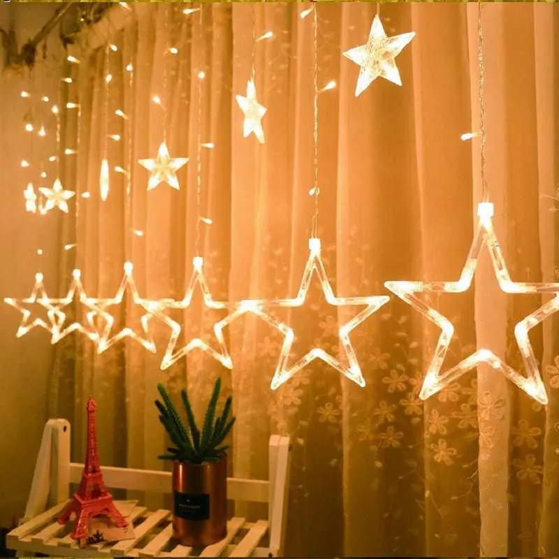 Moon Star LED Fairy Lights String Año de Navidad Lámpara de cortina Eid Mubarak Decoración del partido para el dormitorio del hogar Ramadán Kareem 211012