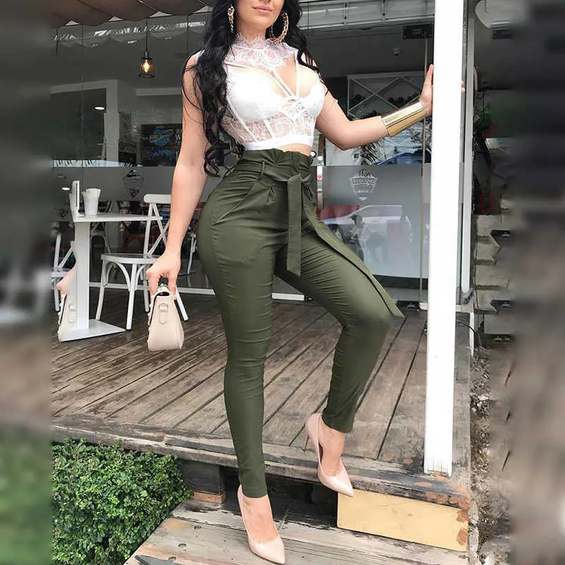 Women Fashion Casual Pants Women Trousers Solid Cargo Pants Leisure High Waisted Belted Pants 210716