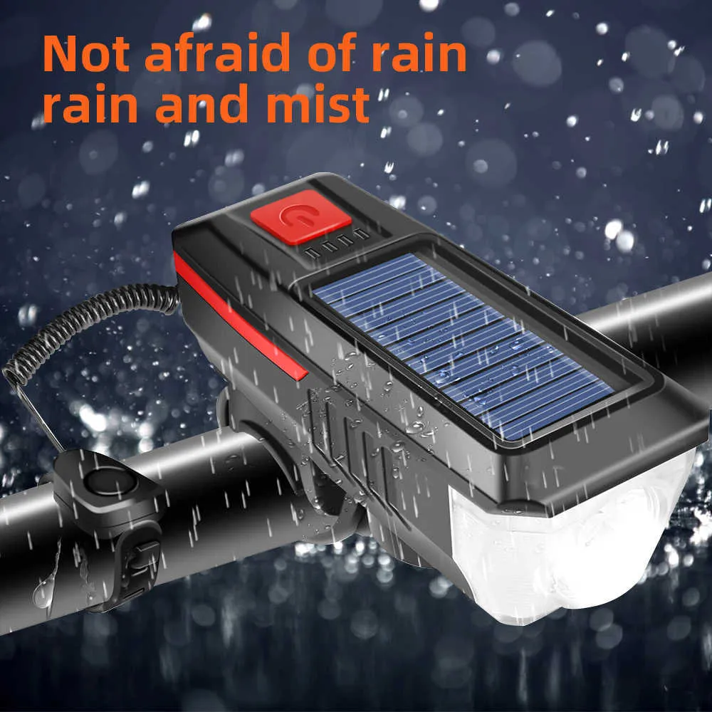 Solar Charging Bicycle Light 3 Modes LED Road Mountain Bike Front Waterproof Bell USB Rechargeable Headlight Car