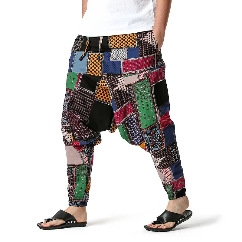 Luclesam Men African Cotton Linen Harem Pants Joggers Bohemian Nepal Pants Yoga Vintage Baggy byxor Sarouel Homme Hippy 220212