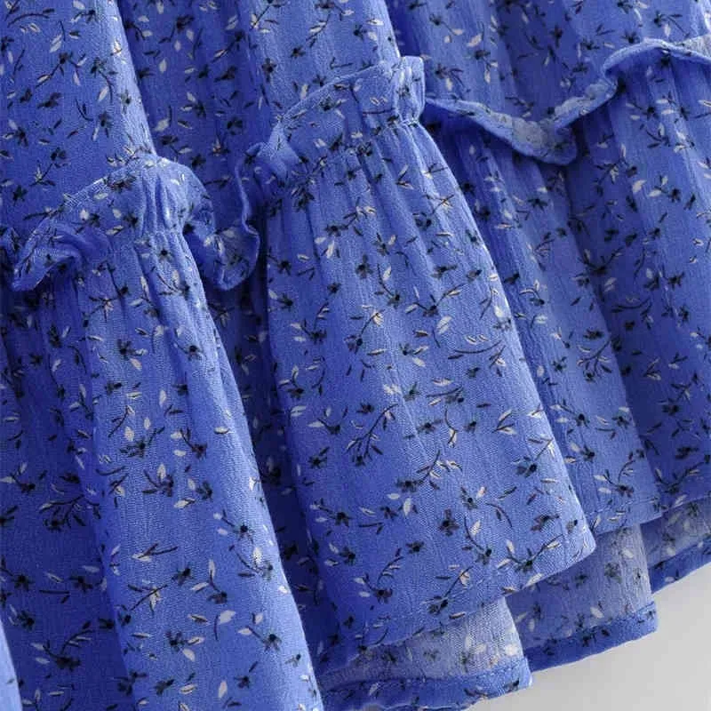 Casual Woman Blue Cascading Ruffles Bomull Mini Klänning Vår Fashion Ladies Print Dresses Kvinna Sweet Soft 210515