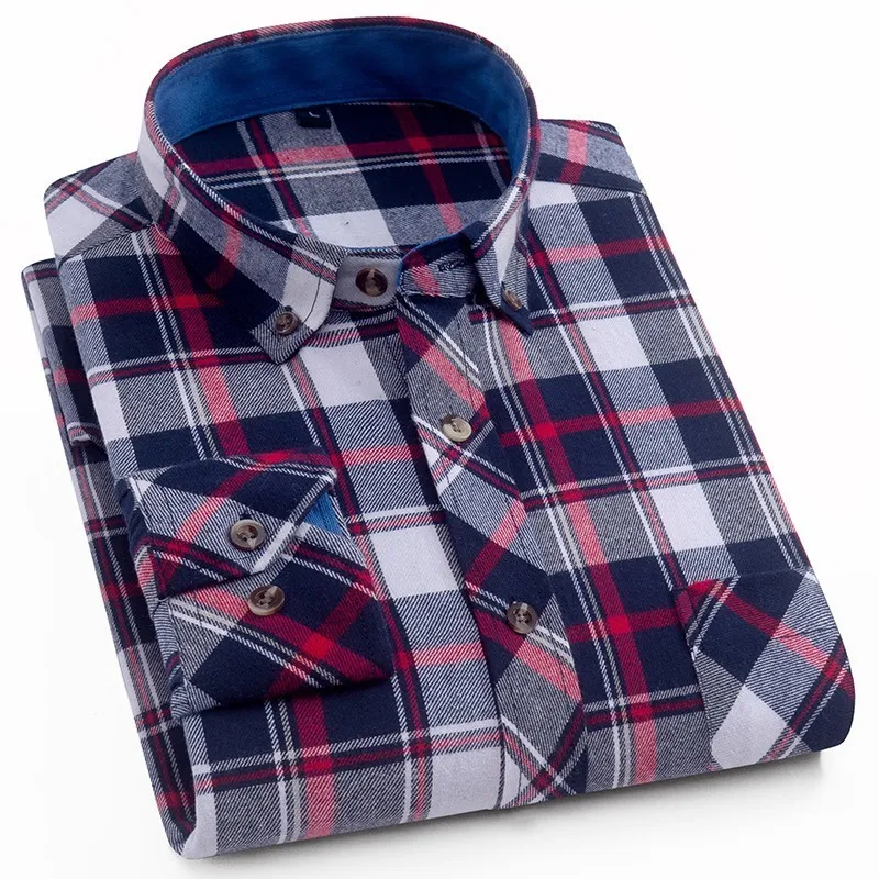 Män pläd 100% bomullsskjorta Spring Autumn Casual Shirts Långärmad kemis Homme Male Check 220215