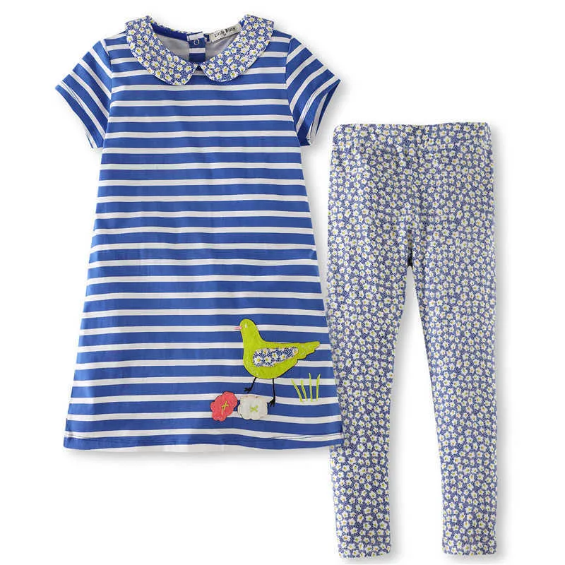 Springende meter meisjes zomer kleding sets peuter merk meisje vogels streep outfit jurk + legging applique children suits 210529