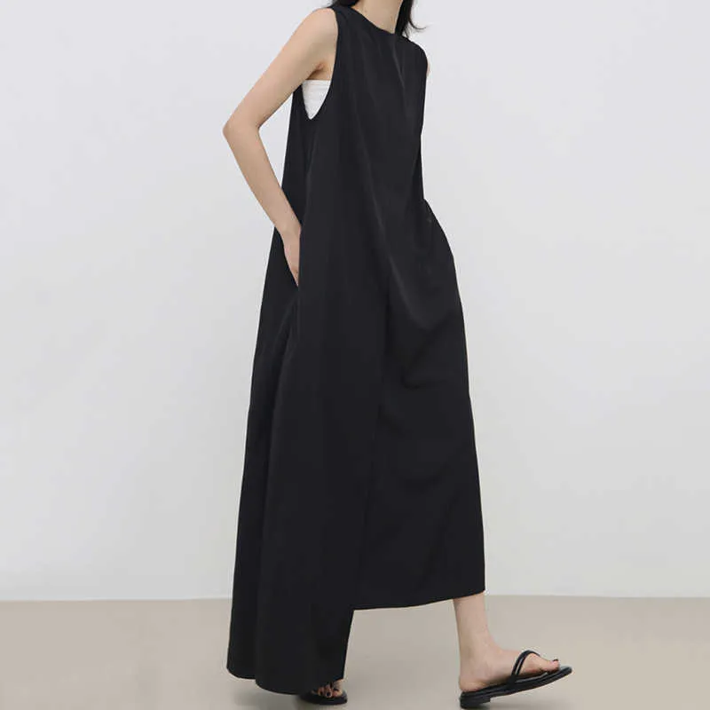 الكورية الأزياء شيك الصيف الرجعية بلون جولة الرقبة فضفاضة بلون غير النظامية سترة سبليت فستان تنورة طويلة النساء 210526