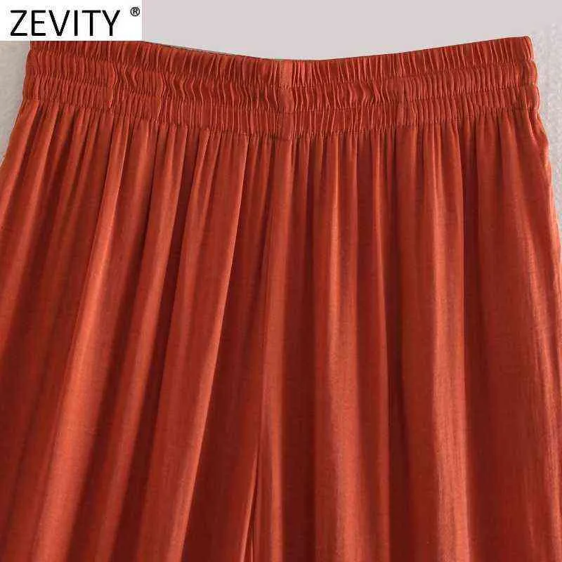 Zevity Femmes Mode Solide Couleur Plis Pantalon large Femme Chic Taille élastique Poches latérales Casual Summer Pantalon long P1142 211112