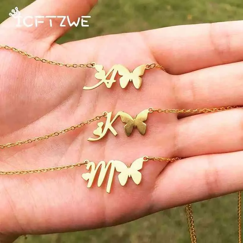 Niedliche Anfangsbuchstaben-Schmetterlings-Halsketten für Frauen, Edelstahl, Gold, Anfangsbuchstabe A-Z, Herz-Schmetterling, Schmuck, Valentinstagsgeschenk