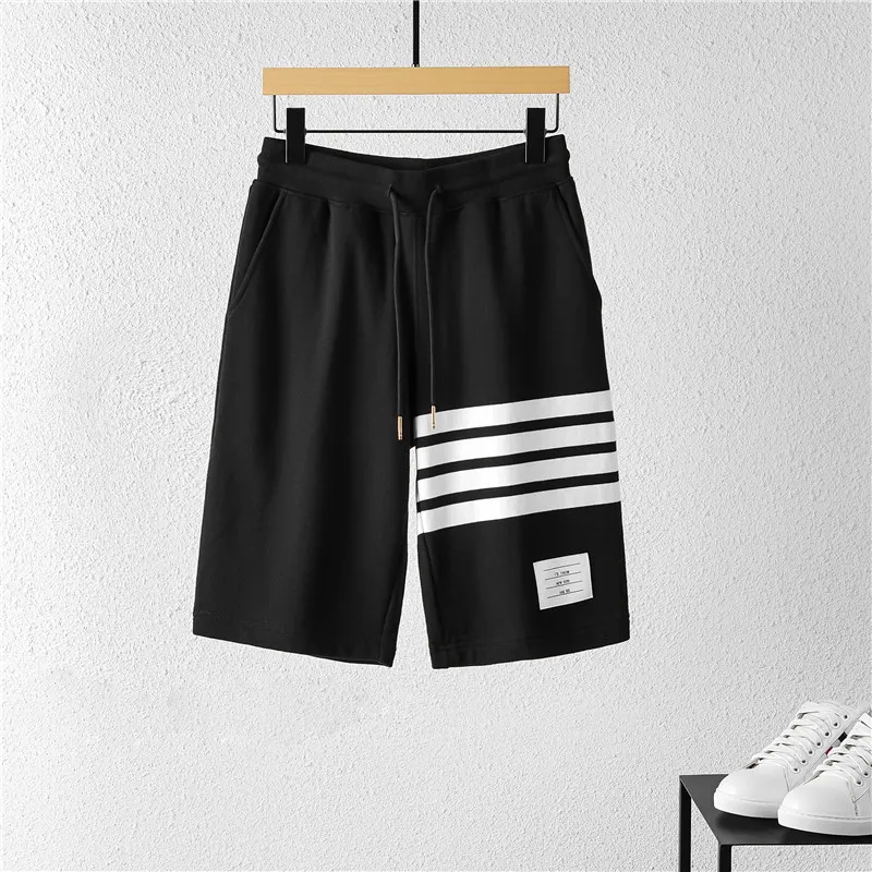 Hommes Shorts et Femmes Couple Été Classique Coton Teint Quatre Barres Loisirs Sports Pantalon Cinq Points