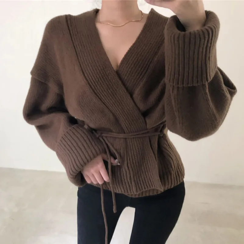 V Neck Solid Cardigans Women Korean Chic Simple Fashion Mujer Chaqueta Autumn Winter Sweaters Elegant Lace Up 18310 210415