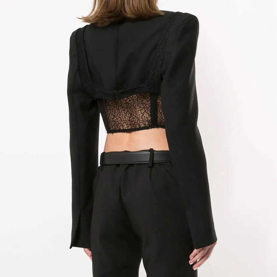 Gratis patchwork uitgehold zwarte blazer voor vrouwen v-hals lange mouw kanten jassen vrouwelijke herfst mode kleding 210524