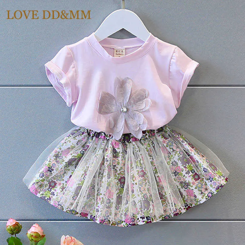 LOVE DD&MM Girls Sets Summer Kid's Clothing Girls Solid Color Doll Lace Led Short-Sleeved Shirts + Shorts Suits 210715