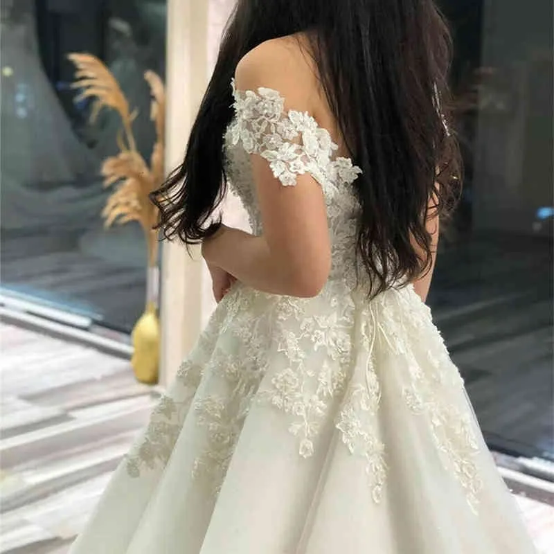 Spetspärl bröllopsklänning boho från axeln enkla vestidos de noiva 2021 brudklänningar för kvinnor plus size robe Mariee 2317