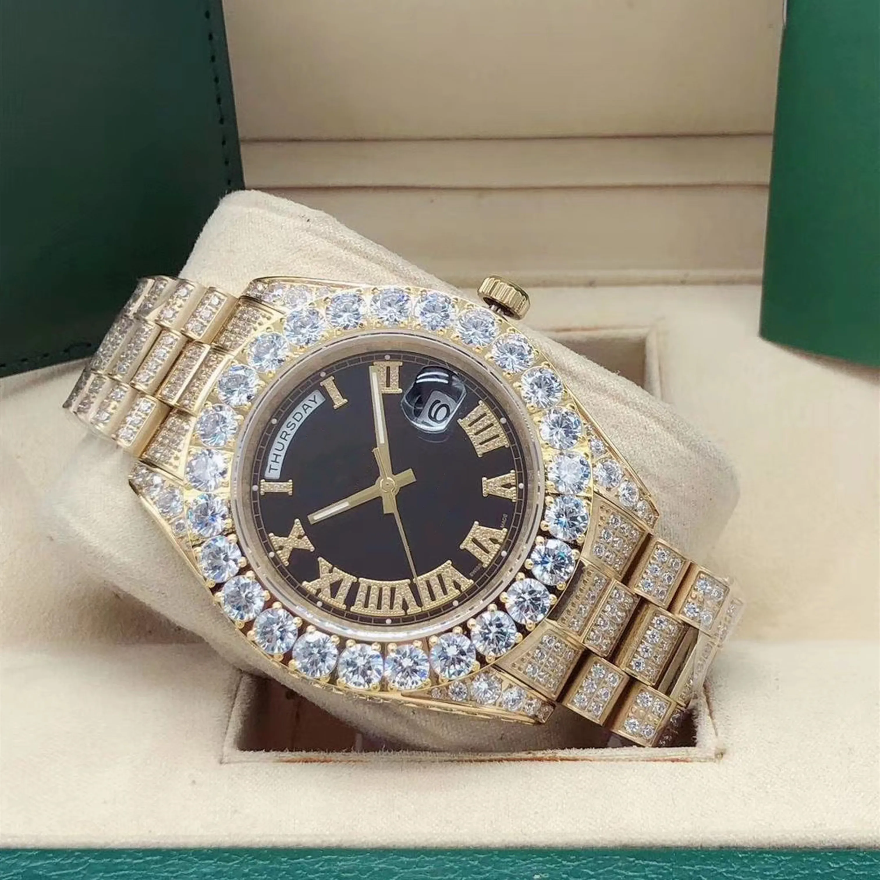 Лучшие роскошные золотые часы с бриллиантами, 43 мм, мужские автоматические механические часы, римские цифры, черный циферблат, двойной календарь, автоматика d303U