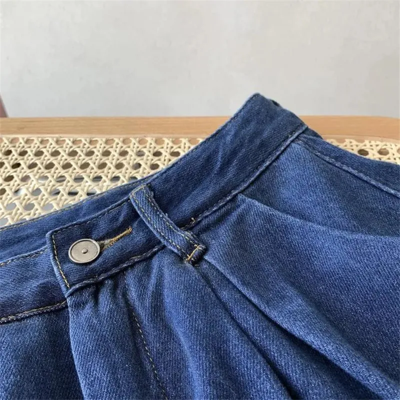 Klassieke Blauwe Zomer Denim Rokken Womens Geplooide Midi Lange Jeans Vintage Zoete Effen Casual Knop Losse Party 210421