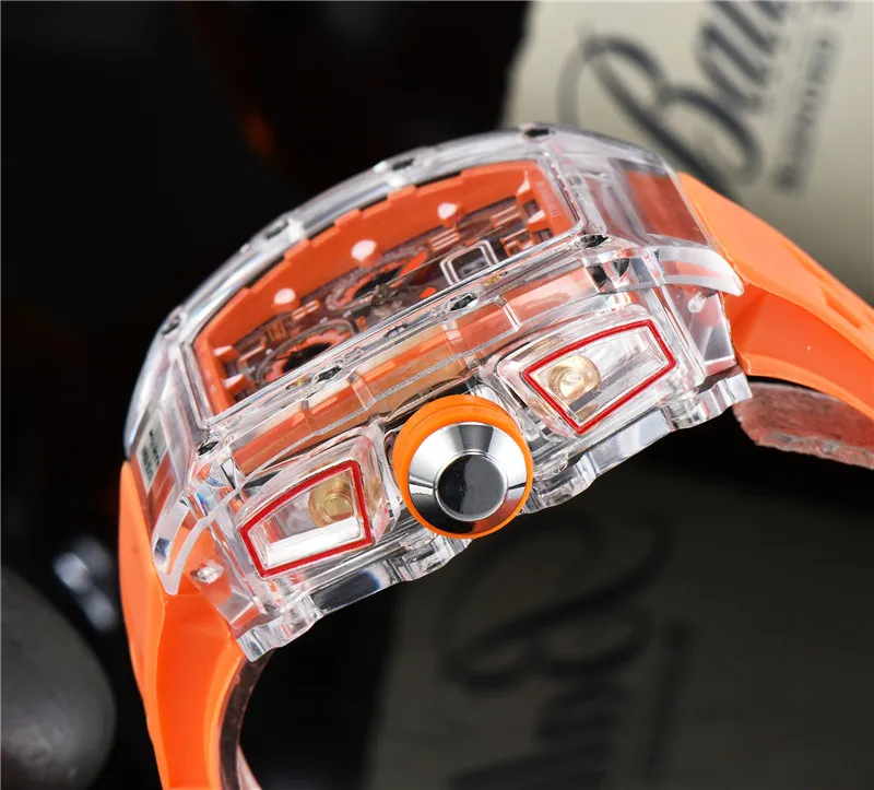 Herenhorloge Luxe Designer Sport Horloges Mode Transparante kast 45mm Chronograaf Horloges Siliconen Band Quartz Mannen Clock258E