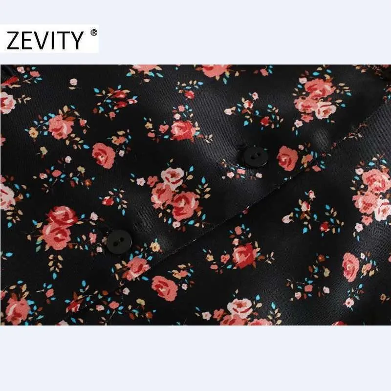 Zevity Femmes Mode V Cou Floral Imprimer Taille Chemise Plissée Robe Chic Bureau Dames À Manches Longues Casual Slim Robe DS4581 210603