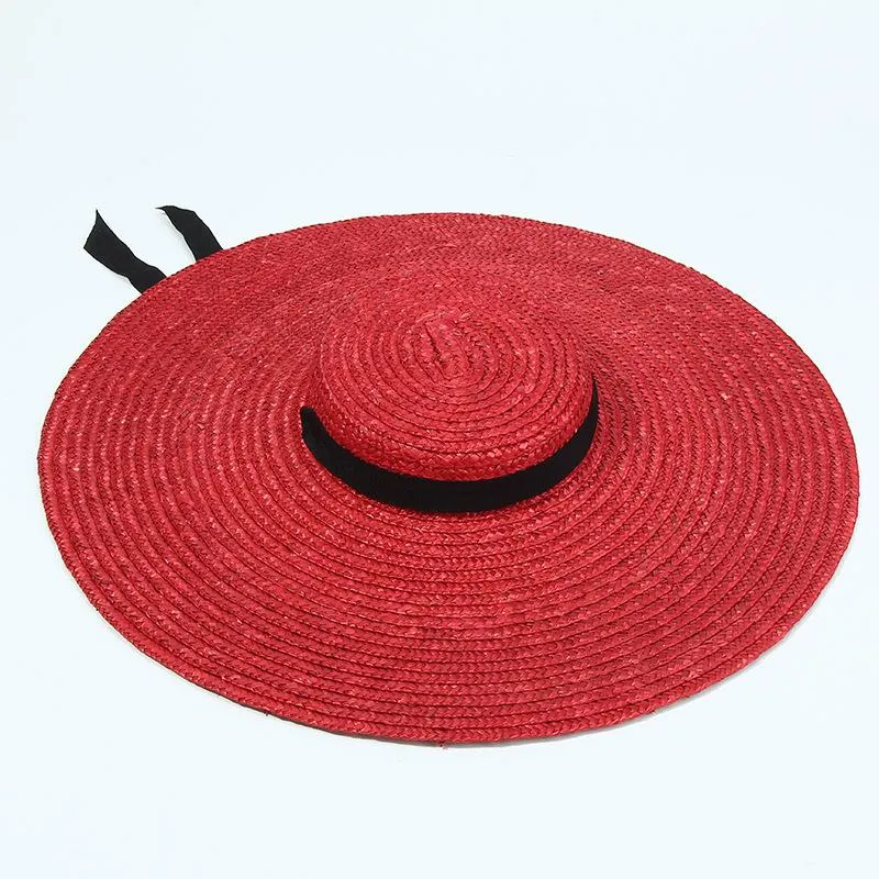 15cm Wide Brim Straw Hat Flat Top Summer Beach Hats For Women Ribbon Boater Sun Gray Black Red Pink Blue With Chin Strap2765