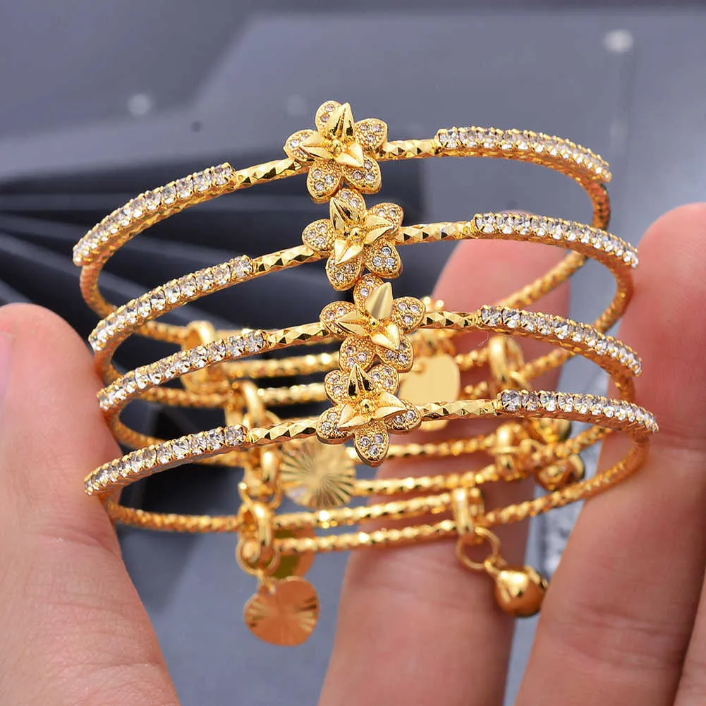 24k Dubai Gold Bangles Bracelet Femmes Filles France Strass Bracelets Indien Bijoux Africains Mariée Mariage Fleur Fête Cadeaux Q0717