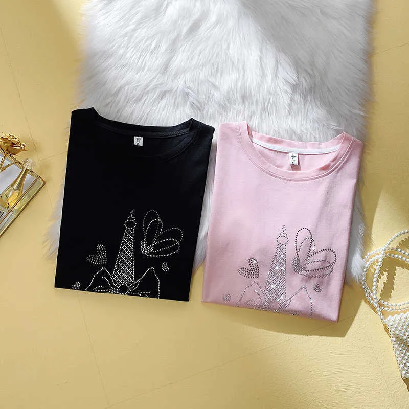 L-4XL plus size donna Harajuku T-shirt top manica corta o collo allentato casual Diamante rosa femminile T-shirt oversize tee 210604