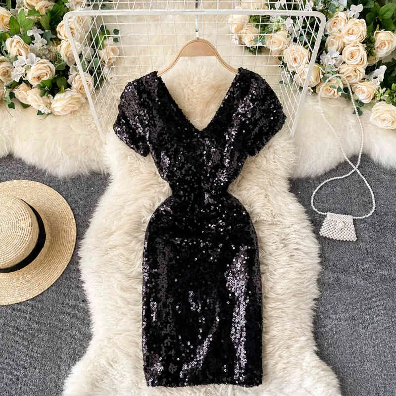 Singreiny Women Sequin Party Dress Summer Sexy Vネック半袖鉛筆ドレス韓国のソリッドスリムショートドレス210419