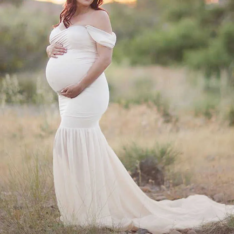 2021 Ciąża Dress Photo Shoot Smake Maternity Fotografia Rekwizyty Suknie Sexy Off Ramię Bawełna + Szyfonowa Summer Sukienka w ciąży X0902