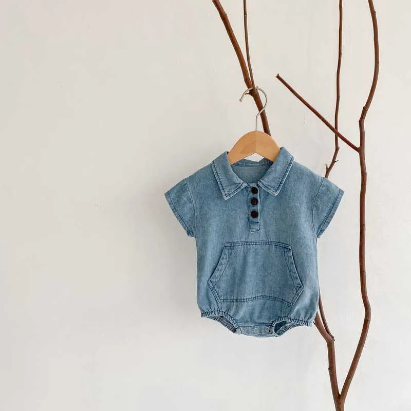 Tuta da bambina estiva stile coreano Tuta in denim blu a maniche corte Tuta nata vestiti carini E2475 210610