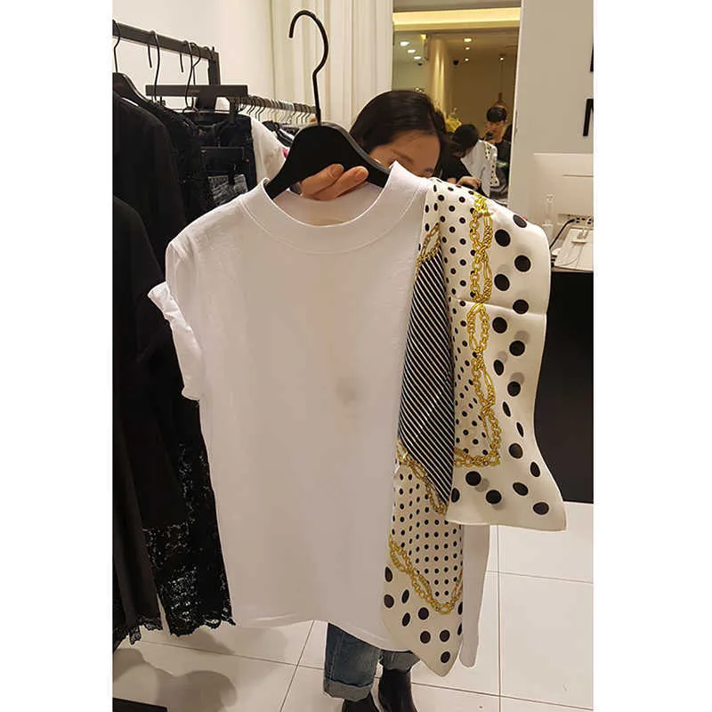 Korea Kvinnor Vår och Sommar Fashion Wave Point Silk Scarf Splicing O Neck Kortärmad Kvinnors T-shirts 210615