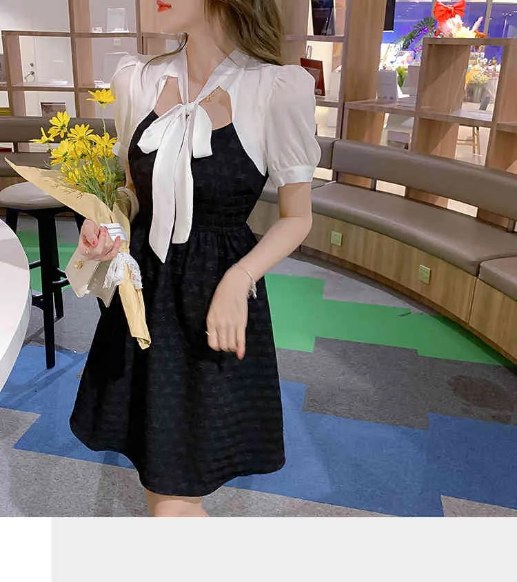 Été élégant patchwork blanc bowknot robe pour femmes manches bouffantes noir mini robes femme 210519