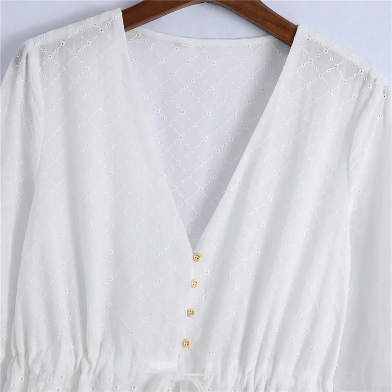 Mulheres vestido de verão mulheres cortadas bordados branco midi mulher elegante plissado manga slow casual es 210519