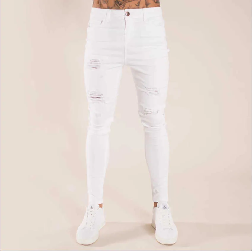 Pantalones vaqueros rasgados estilo Boy Friend estilo blanco flaco para hombre apenado dilapidado vaquero agujero roto estiramiento azul negro 210723