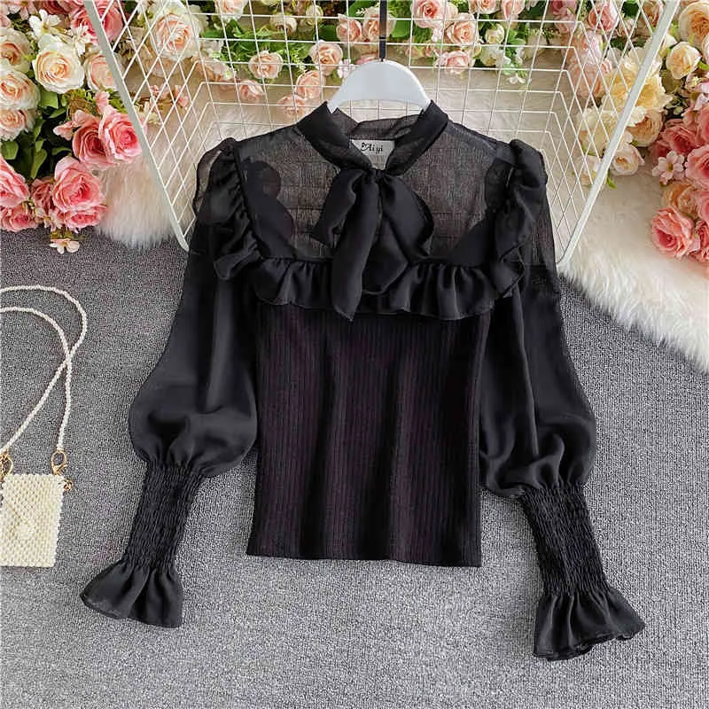 Spring Autumn Temperament Chiffon Shirt Female Wood Ear Stand Collar Knitted Stitching Short Lantern Sleeve Top UK944 210506