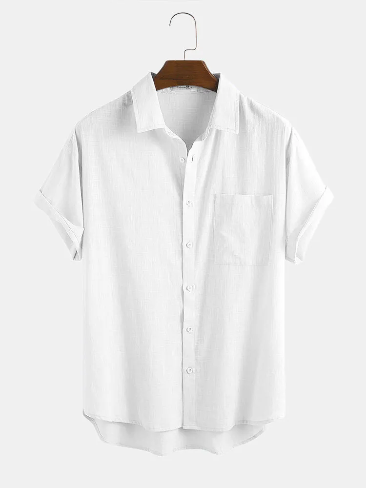 Solide vert lin été hommes chemise décontracté lâche chemises pour hommes avec poche revers bouton hommes chemise à manches courtes Streetwear 210524