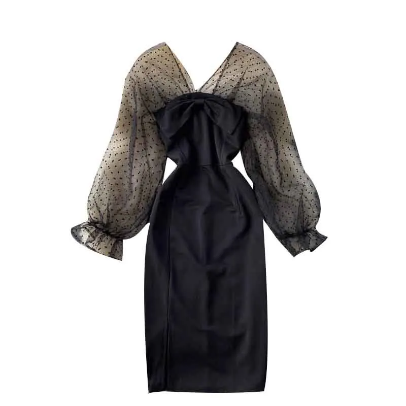 Mesh polka dot vrouwen jurk splice transparante bladerdeeg boog slanke zwarte feestjurk herfst elegante sexy a-lijn jurken 210419