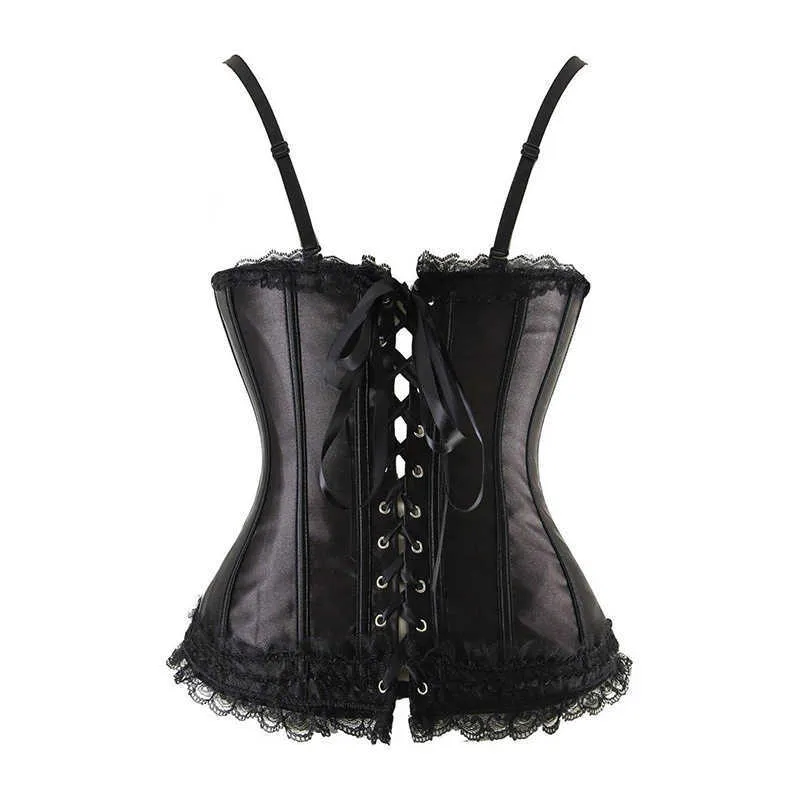 Hot Black Steampunk Corset Top Satin Dobby Lace Faux Leather Bustier Sexy Corselet Bodyshaper Classic Gothic Clothing Plus Size (10)