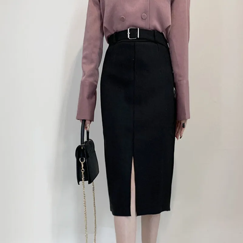 Korean autumn winter elegant high waist buttock woolen mid length Woolen skirt lady Pencil Split Skirt for womens vintage 210514
