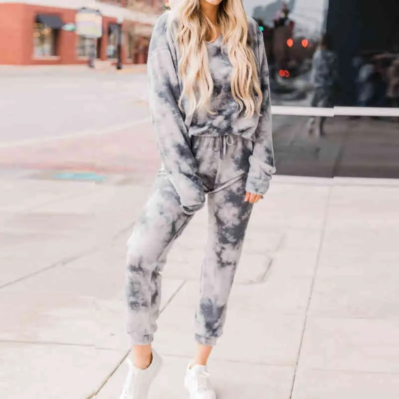 Women Casual Tie Dye Tracksuit Pijama Home Two Piece Set Lounge Wear Sweatshirts Suit Loose Outfits Ropa Mujer Autumn Clothes X0428