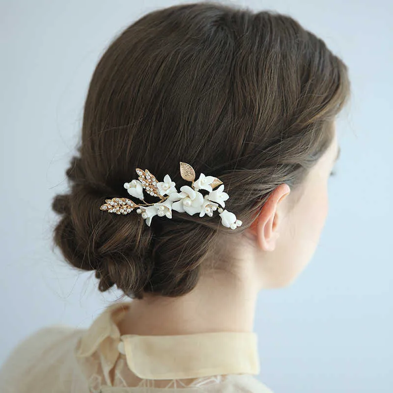 Jonnafe Porzellan Blume Braut Haarnadeln Stück Blattgold Hochzeit Kopfschmuck handgemachte Frauen Prom Haarschmuck X0625