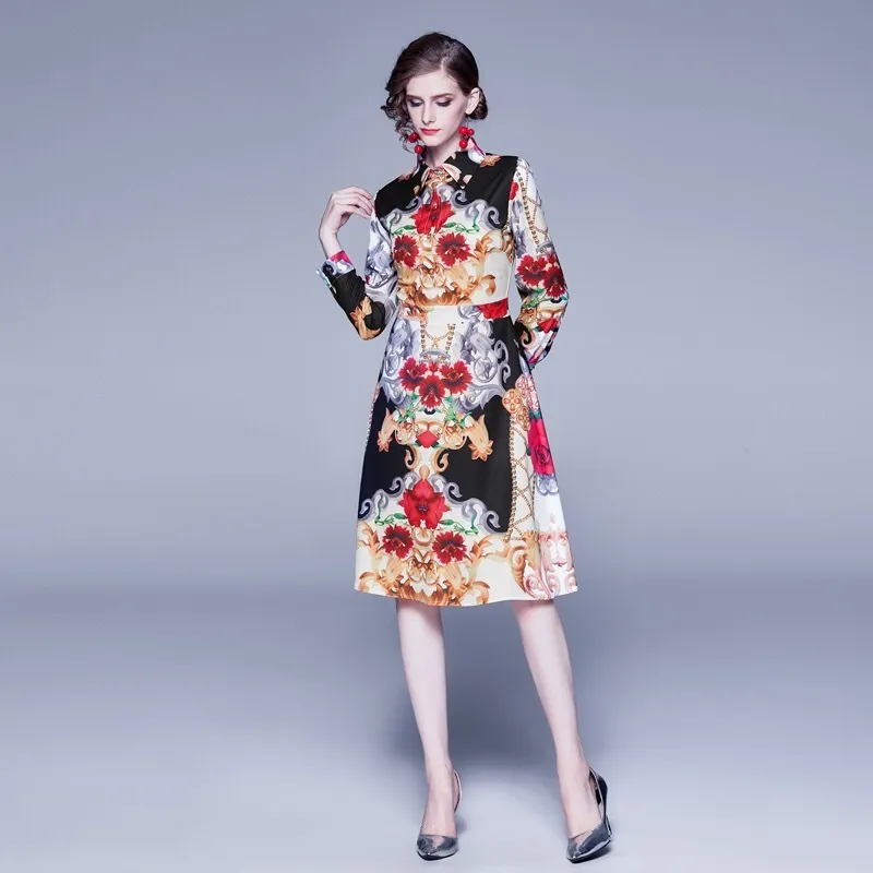 Summe robe ample pour femmes style designer fleur imprimé Angleterre fête décontracté vêtements quotidiens robes A-ligne 210421