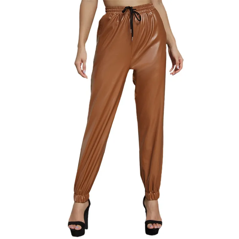 Kadın Pantolon Tam Boy Yüksek Bel İpli PU Deri Katı Renk Pileli Moda Kalem Pantolon 210522