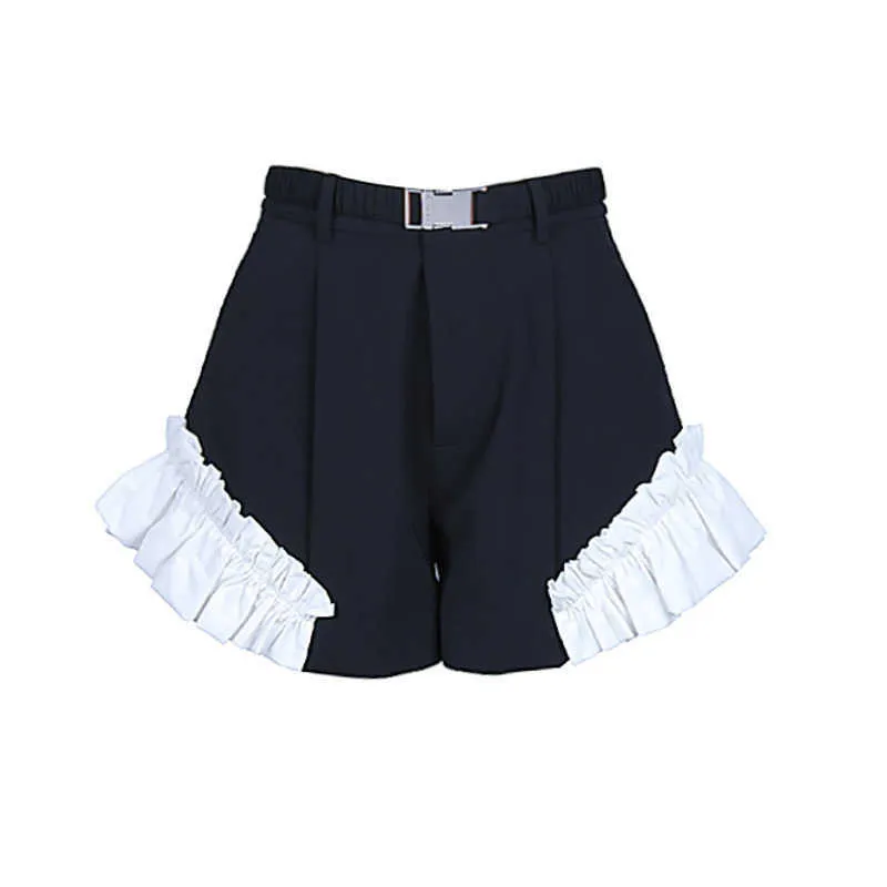 [Deat] zomer mode hoge taille effen kleur ruches a-line losse temperament elegante vrouwen shorts 13C947 210527