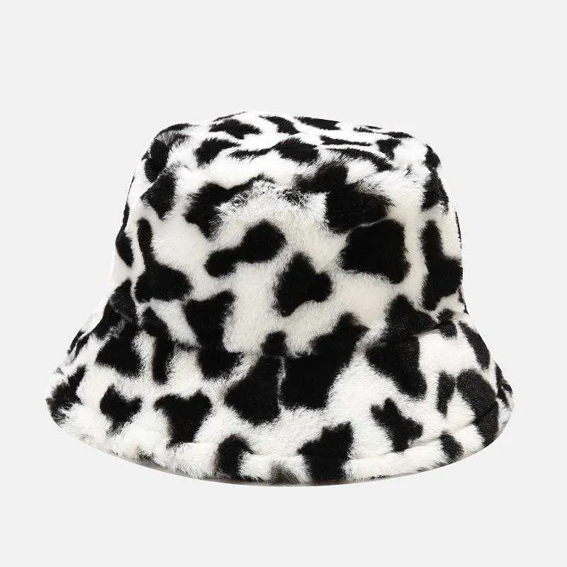 Zimowe wakacje na świeżym powietrzu Lady Panama Black Cow Print Zagusta miękka ciepła czapka rybacka Faux Fur Rabbit Hat For Women 210531278J