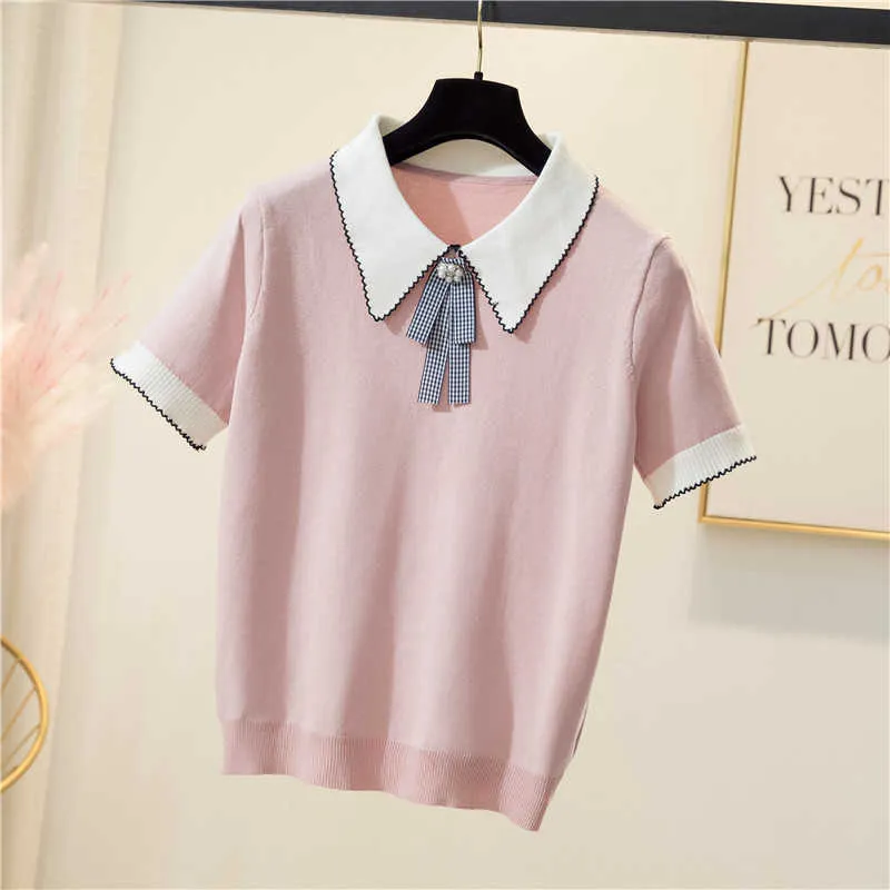 Ren bomull T-shirt Kvinnor Sommar Kvinnors Casual Patchwork Color Sticka Tröja Bow Slim Pullover Stor Storlek Sweater 210604