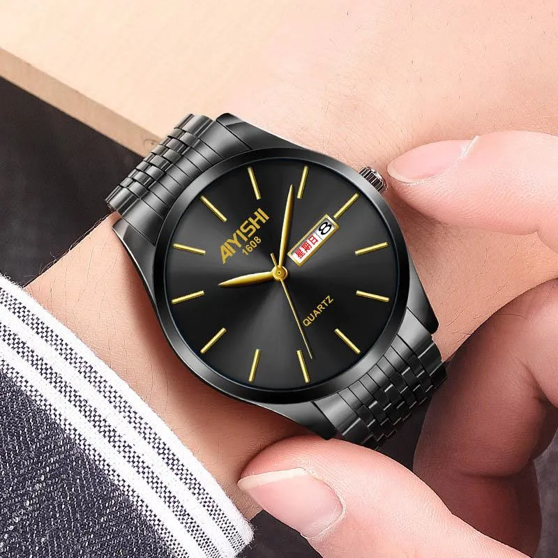 Wristwatches Cool Matte Black Blue Steel Watch Men Auto Date Week Functional Business Wristwatch For Man 2021 Watches Top253E