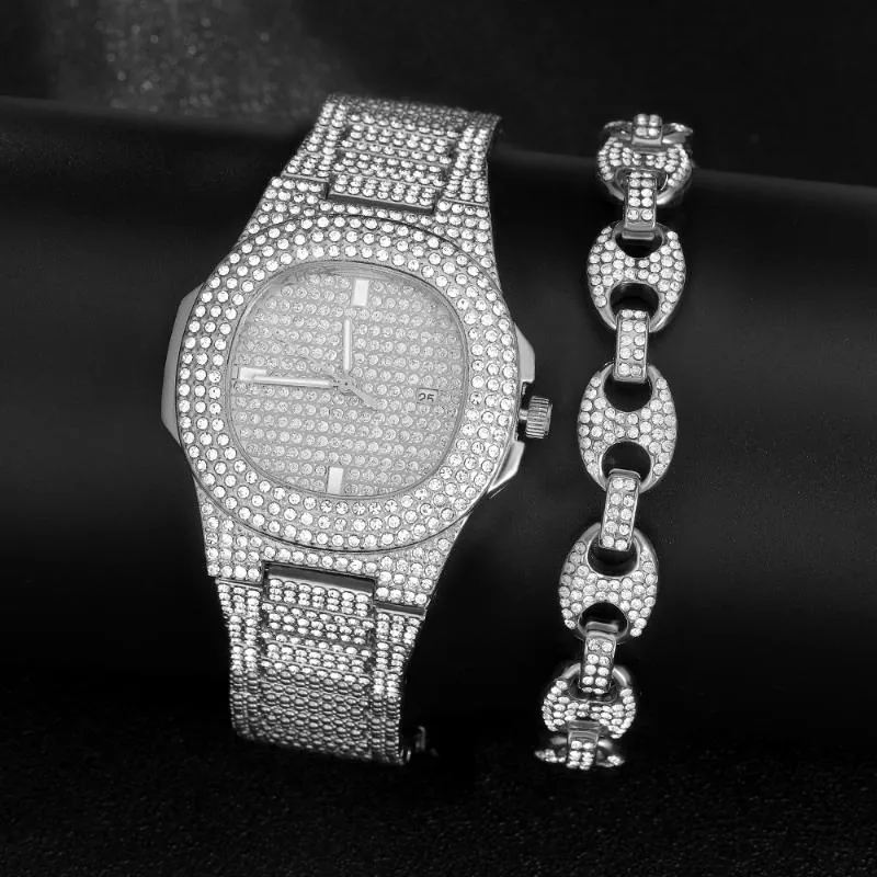 Цепочки Iced Out, ювелирные изделия для часов, кубинское звено, ожерелье, мужская цепочка в виде свиного носа, мужской браслет золотого цвета, набор праздничных подарков186p