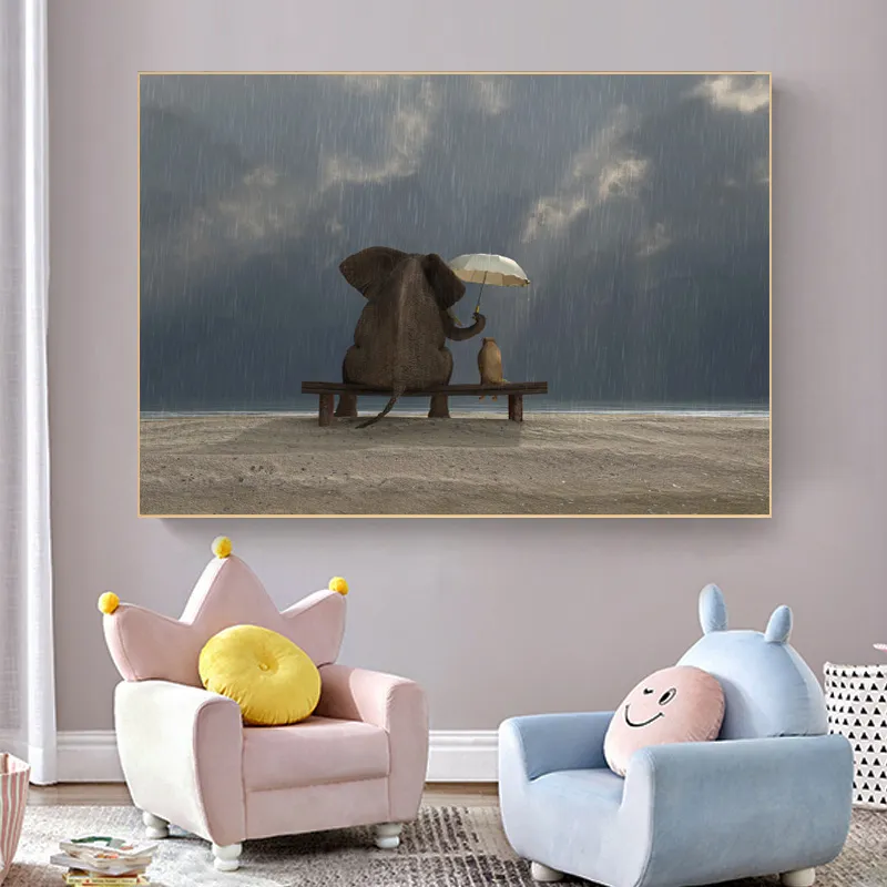 Affiche murale avec animaux drôles, peinture sur toile, image d'éléphant mignon, impression HD, décoration pour chambre d'enfants et chambre à coucher, sans cadre