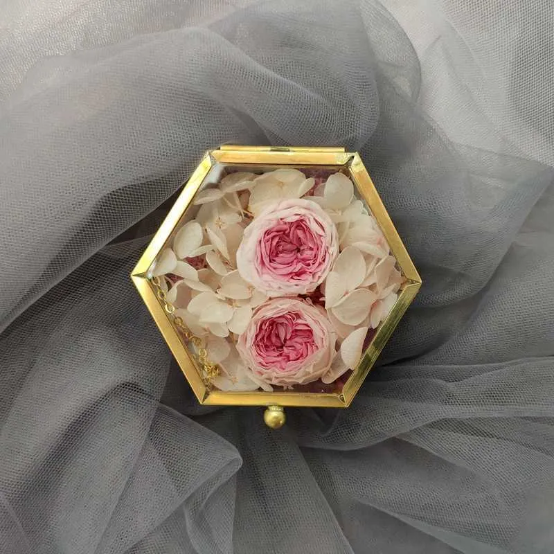 Bague en verre transparent hexagonal Boîte de mariée géométrique transparent de bijoux de l'organisateur Titulaire Tabletop conteneur 210922