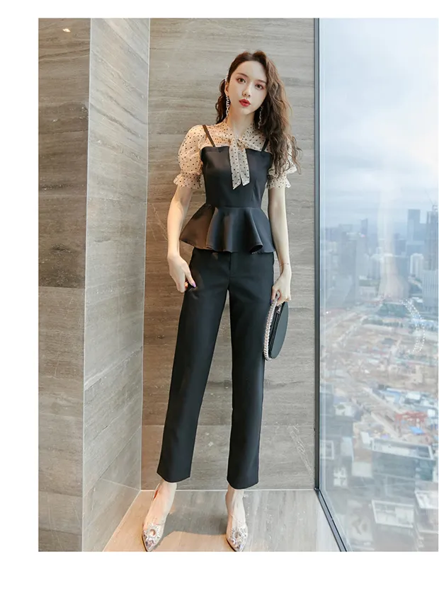 Summer Elegant Office Two Piece Sets Women Dot Printed Short Sleeve Tunic + Pants Suits Workwear Ol Style Ladies Set Femme 210518