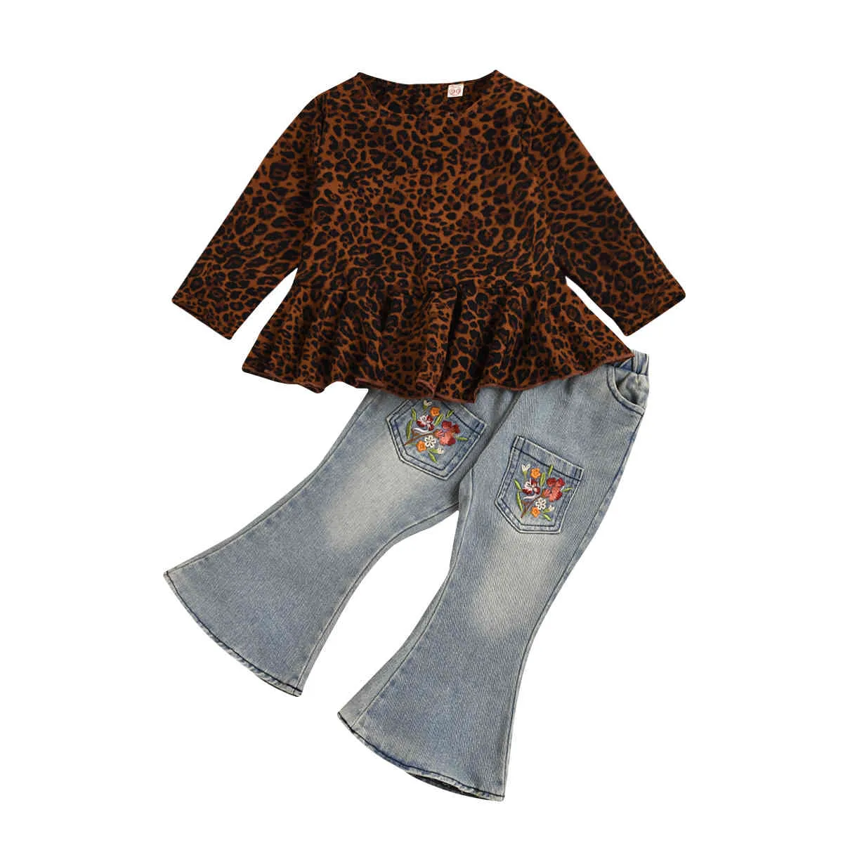 2-7y Leopard criança criança meninas roupas conjunto ruffles túnica top floral calças de denim outono crianças crianças roupas 210515