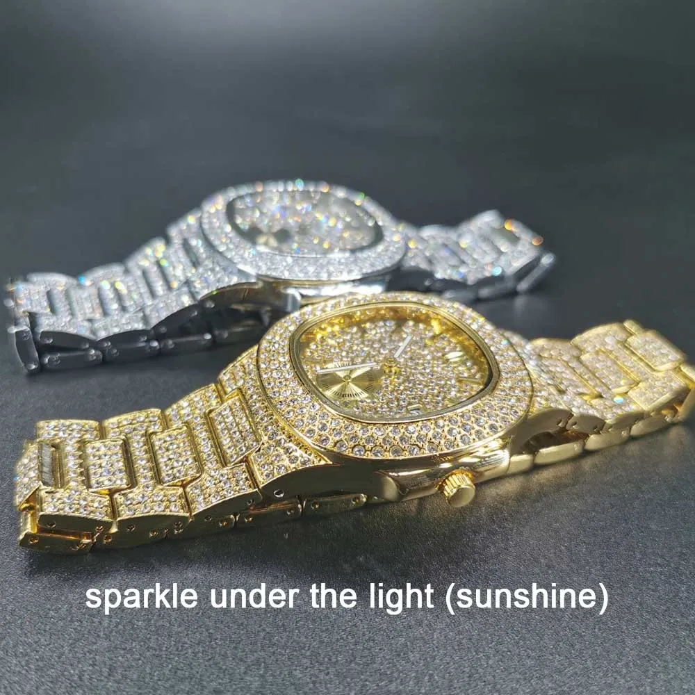 Relógio masculino de ouro 18k, luxuoso, cheio de diamantes, fashion, quartzo, relógio de pulso, aaa cz, hip hop, gelado, relógio masculino reloj328j